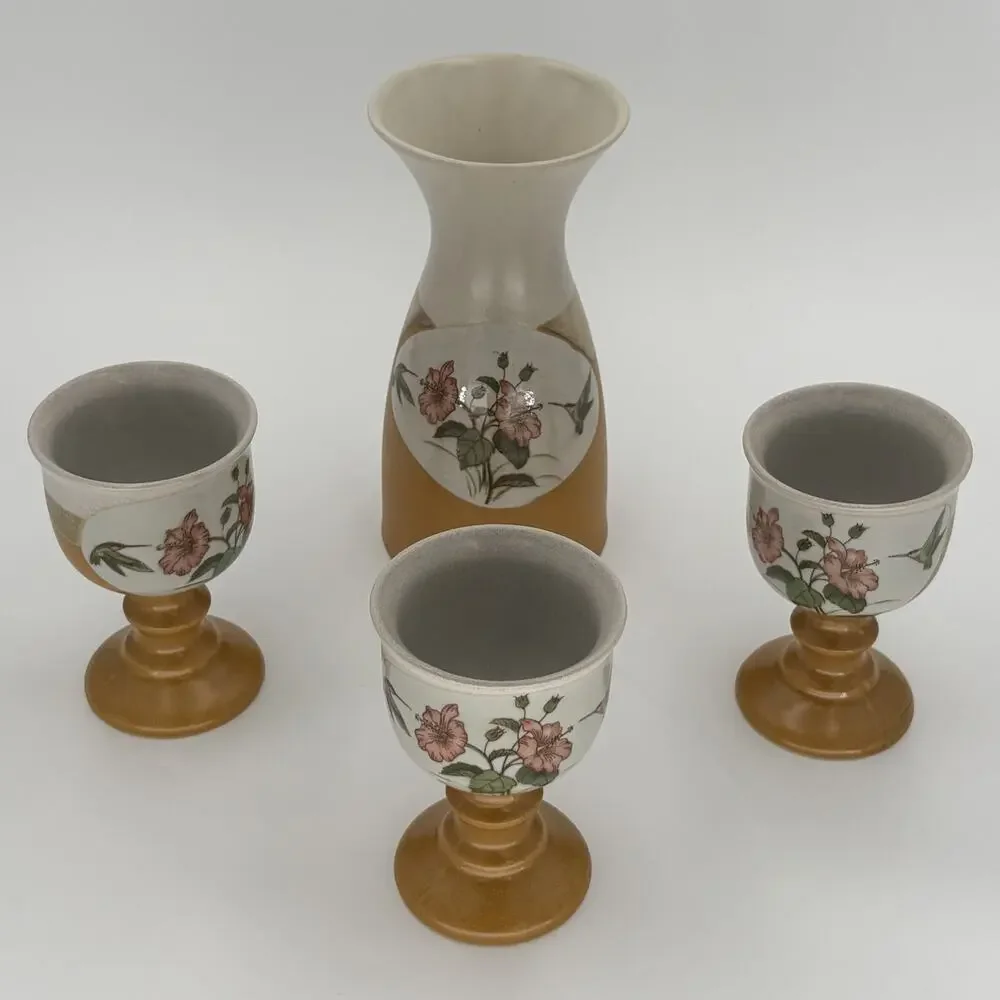 Vintage Otagiri Japan Hummingbird Hibiscus Stoneware Sake Set Carafe 3 Goblets